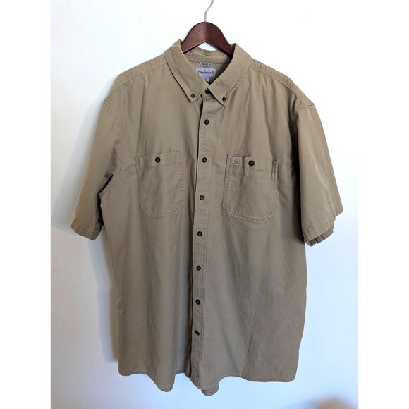 Carhartt Short Sleeve Work Button Canvas Shirt 2XL Tall Mens Tan Light Brown - Picture 1 of 14